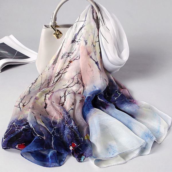 

vintage floral print silk scarf women 100% real silk brand designer shawls and wraps ladies travel winter neck scarves, Blue;gray