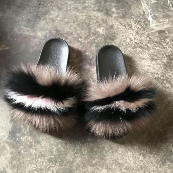 

custom made winter slippers more fluffy real raccoon fur slides slippers for women, Black