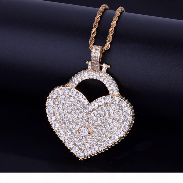 

seller men women hip hop jewelry heart love lock necklace & pendant bling cubic zircon with rope chain gold color for gift, Silver