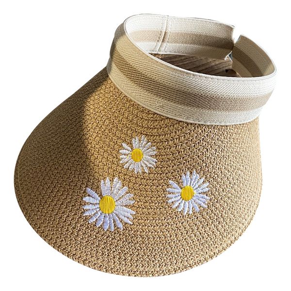 

fashion embroidered daisies little daisy empty sunshade straw hat men and women female sunscreen beach travel flower hipster, Blue;gray