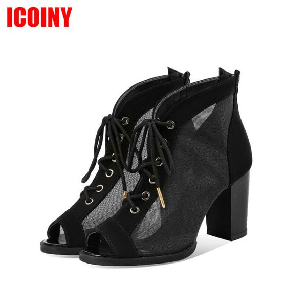 

icoiny summer women boots rivet heels woman shoes dress sandals gladiator boots party rome shoes mesh sandals, Black