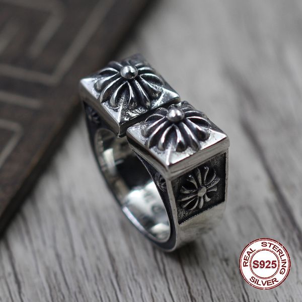 

100% s925 men's sterling silver rings personality retro classic punk style u-shaped cross flower open ring send a gift to love 2019 new