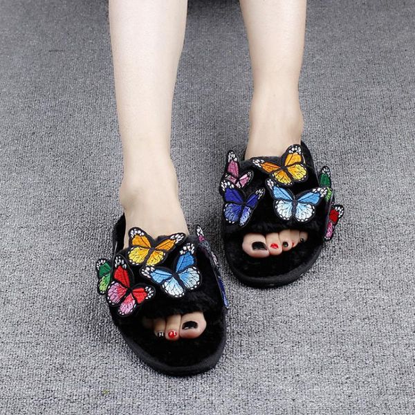 

женщины творческий дом бабочек тапочки женщин зимы теплые ботинки женщина скольжения на flats слайды женщина искусственного меха тапочки опт, Black