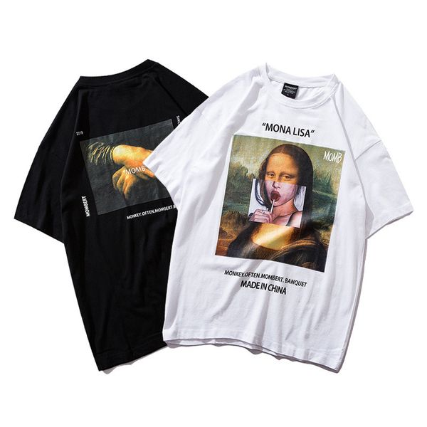 

tide summer couple ins wind down jacket missing t-shirt oil painting mona lisa tee men and women loose hip hop short sleeve, White;black