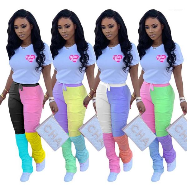 

fashion sports style female clothing womens designer stacked leggings pants contrast color printed mid waist flare pants, Black;white