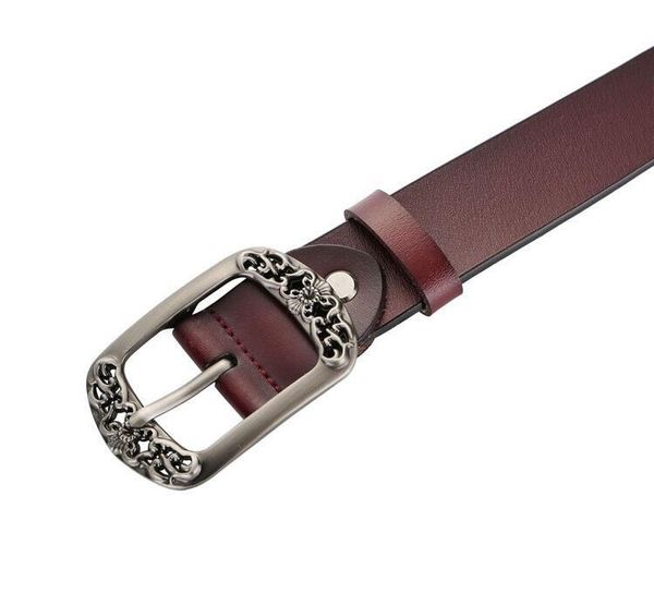 

ladies black carved flower buckle belt good quality cow genuine leather belts for women jeans 110cm length dress01, Black;brown