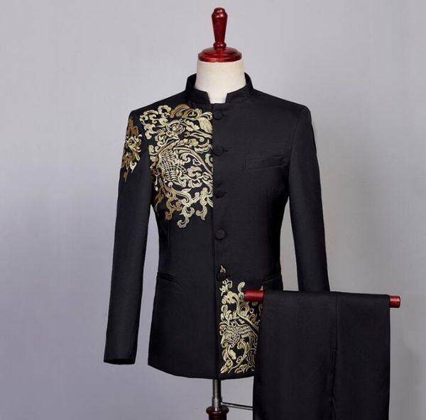 

blazer men formal dress embroidery chinese tunic suit chorus men costume homme terno masculino trouser wedding suits for men's, White;black