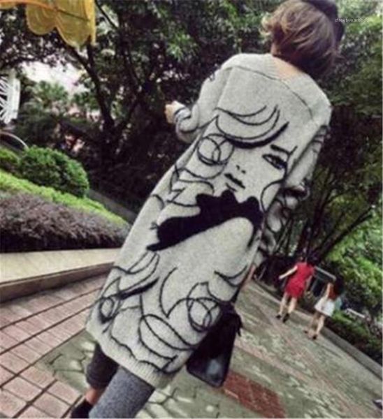 

cardigans autumn grey fashion pretty girl printed long coats cape women thick sweater, Black