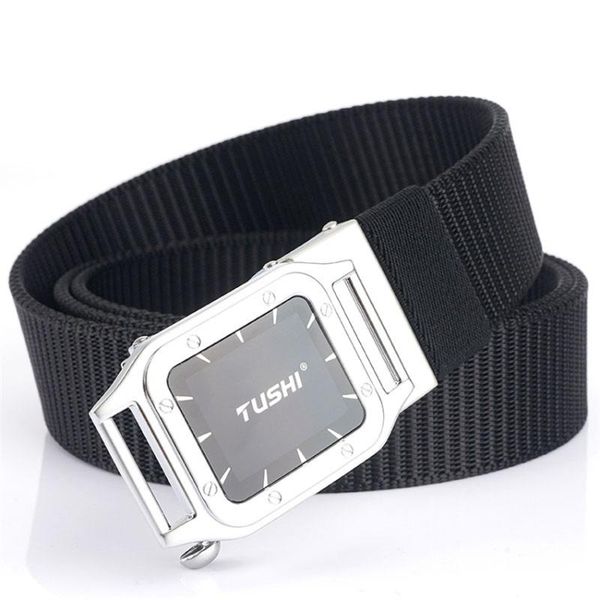 

men belt watch pattern automatic buckle business canvas belt breathable quick-drying nylon belts for trousers strap, Black;brown
