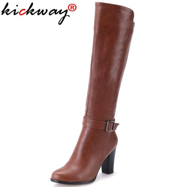 

boots kickway pu leather buckle knee high women black brown grey zipper heels booties womens shoes large sizes 34-43