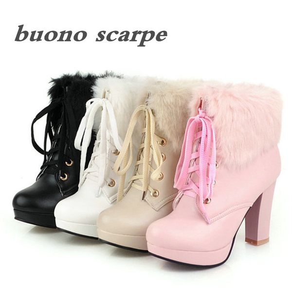 

new high-heeled round head waterproof platform high-heeled fur female sweet front lace-up booties, Black