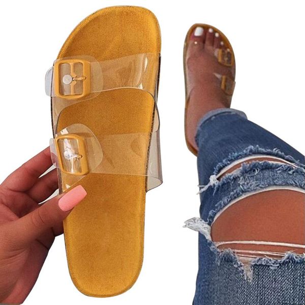 

fashion travel summer women slippers flat heel casual shopping clear non-slip buckle strap ladies sandy beach lazy soft bottom, Black