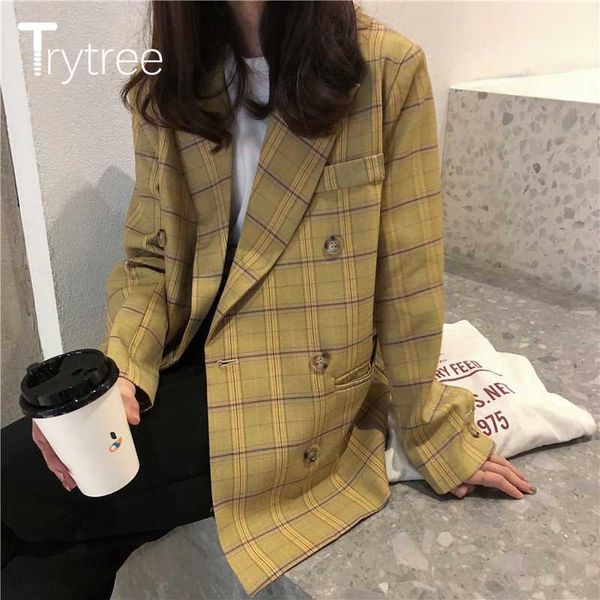 

trytree 2020 spring autumn women casual suit coat turn-down collar double breasted pockets yellow plaid office lady suit coat, Black;brown