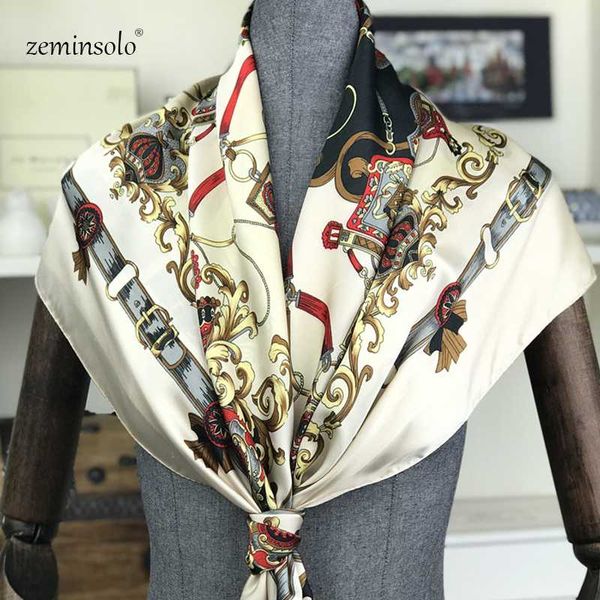 

deluxe brand scarves elegant female square scarf printed chain square scarf 90*90 cm silk hair female scarves, Blue;gray