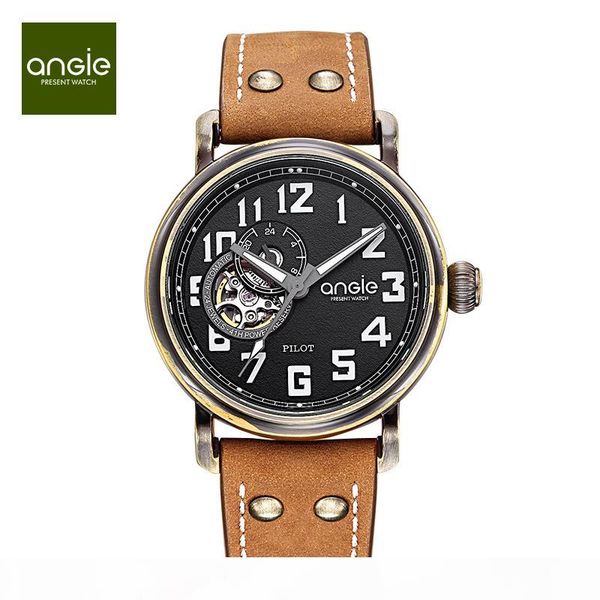 

angie women's men waterproof pilot automatic mechanical watch imported hollow move ment waterproof watch 2018 sell, Slivery;brown