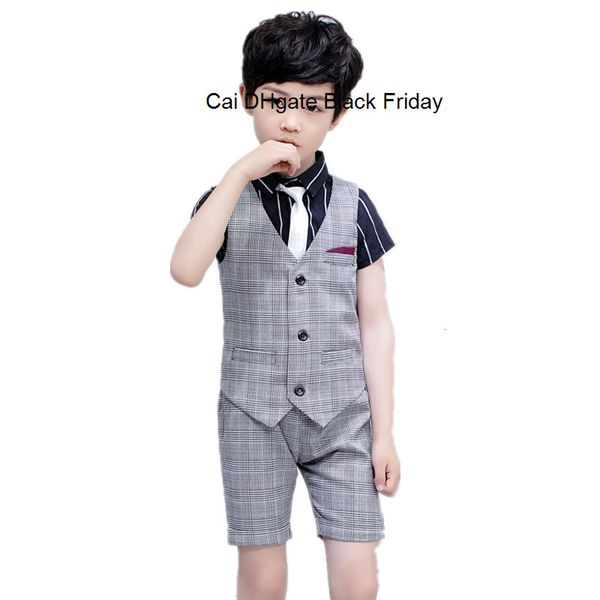 

2020 summer boys clothing set kids boy formal plaid vest + shorts 2pcs set toddler baby wedding suit set school child outfits