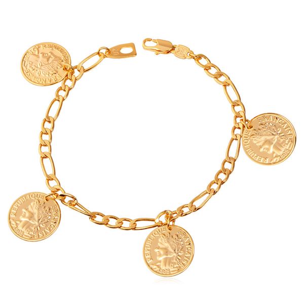 

u7 figaro chain queen coin charm gold plated link bracelet for women h1093, Black