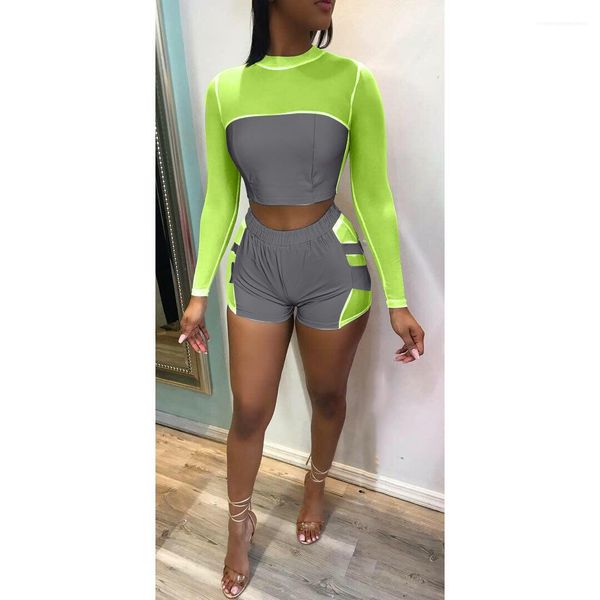 

club style fashion clothing womens summer reflective sports suits crew neck long sleeve short pants night, Gray