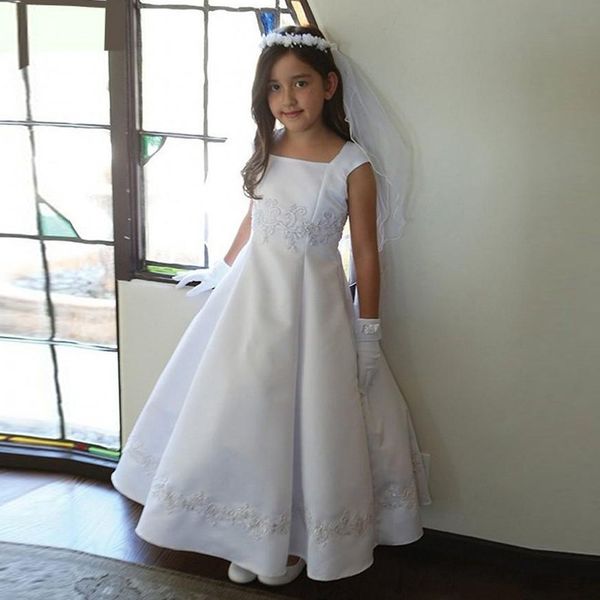 

custom made white a line satin flower girls dresses square neck lace appliques pleat girls communion dress sequined prom gowns, Red;yellow