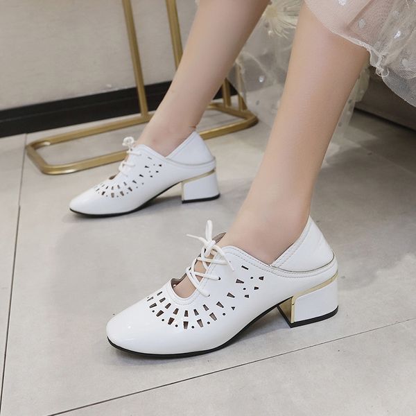 

2020 new two wearings women mid heels square toe office lady work shoes thick heel front hollow out lace-up black white