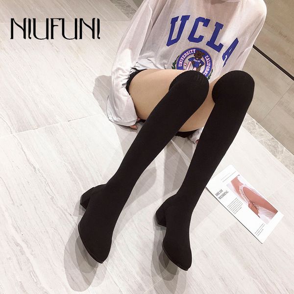 

boots solid color elastic fabric women's warm socks over the knee slim low heel gray black boot spring autumn ladies shoes