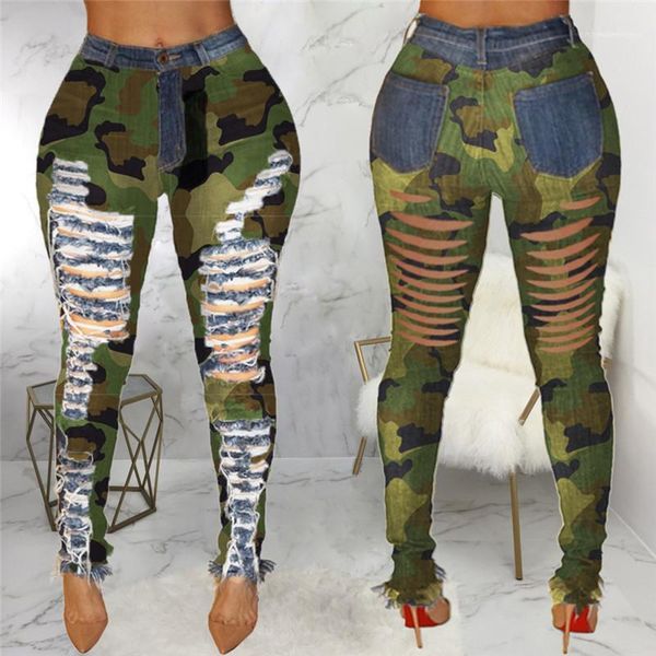 

camouflage printed mid waist pencil pants fashion street style female clothing womens designer jeans hole ripped, Blue