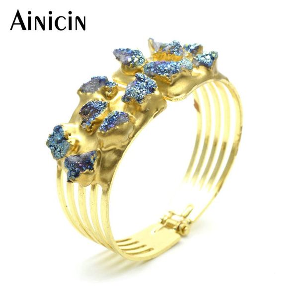 

bangle unique exaggerate women open bangles natural blue drusy crystal paved gold plating bracelets fashion jewelry, Black