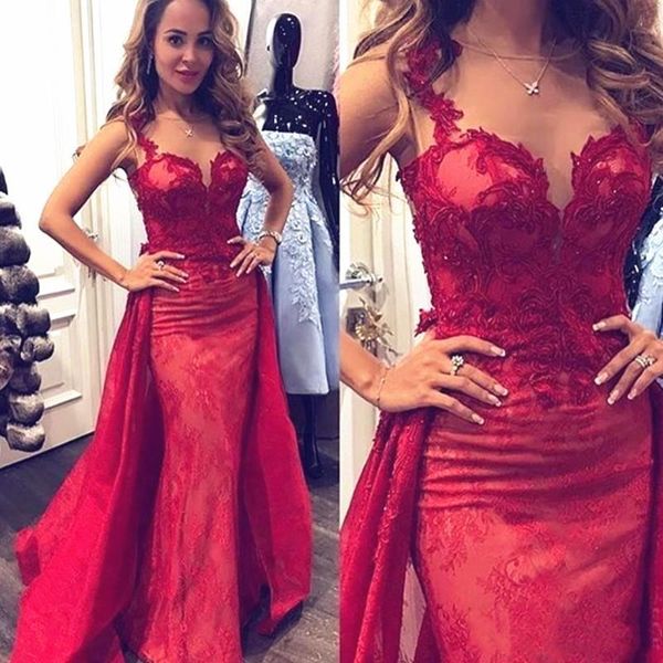 

elegant lace evening dresses sleeveless lace appliques prom gowns 2020 custom made detachable train mermaid special occasion dress, Black;red