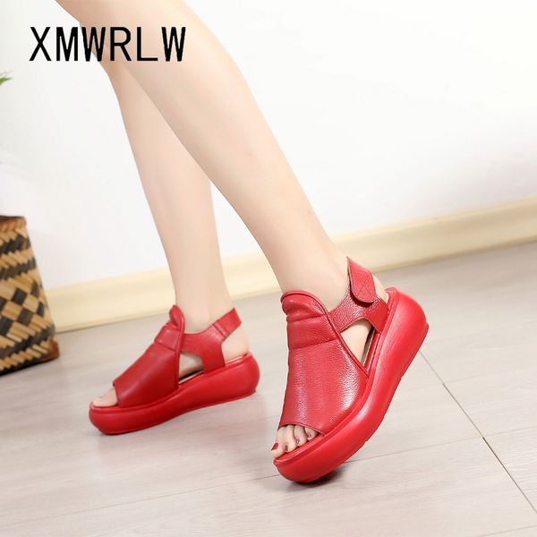 

xmwrlw genuine leather women summer sandals retro handmade shoes ladies high heels sandals woman summer sandal wedges shoes, Black