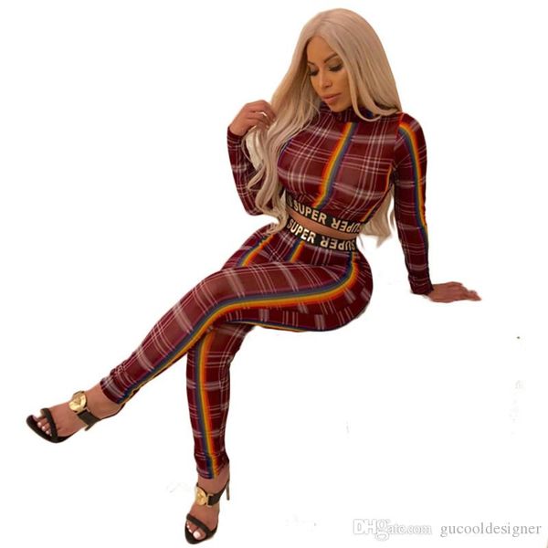 

fashion plaid printed women tracksuits designer turtle neck 2pc set casual loose panelled female apparel