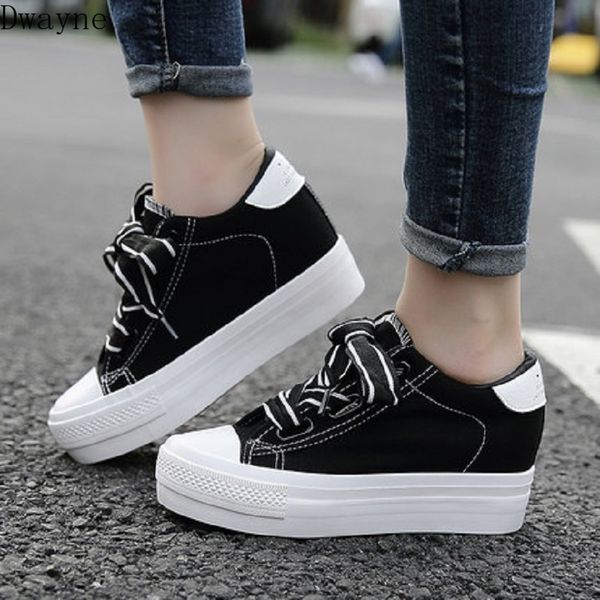 

2020 spring new thick bottom increased canvas shoes ribbon casual low to help single shoes women, Black