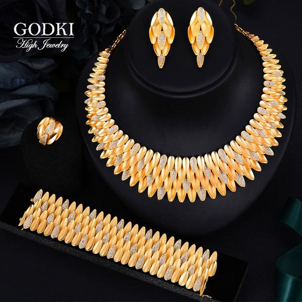 

godki big fashion 4pcs luxury 4 layers smooth feather african jewelry set for women wedding dubai bridal jewelry set 2020, Silver
