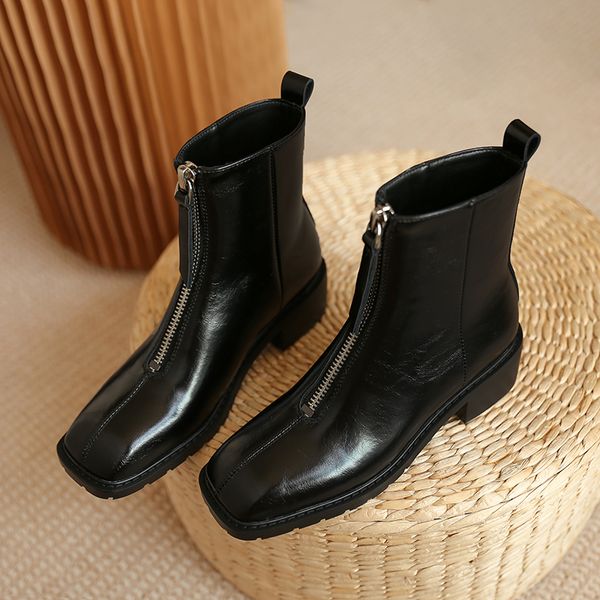 

retro party wedding ankle boots genuine leather shoes woman med heels 2020 fashion zippers decoration thick heels boots woman, Black
