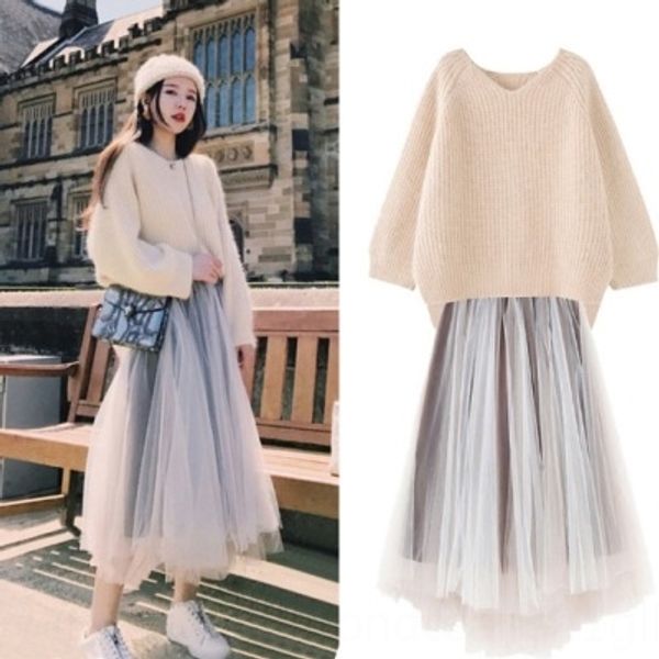 

2020 autumn and winter new lazy pulloversweater pullover loose pullover v-neck sweater hipster mesh skirt fashion suit two-piece set m5l0b, Gray