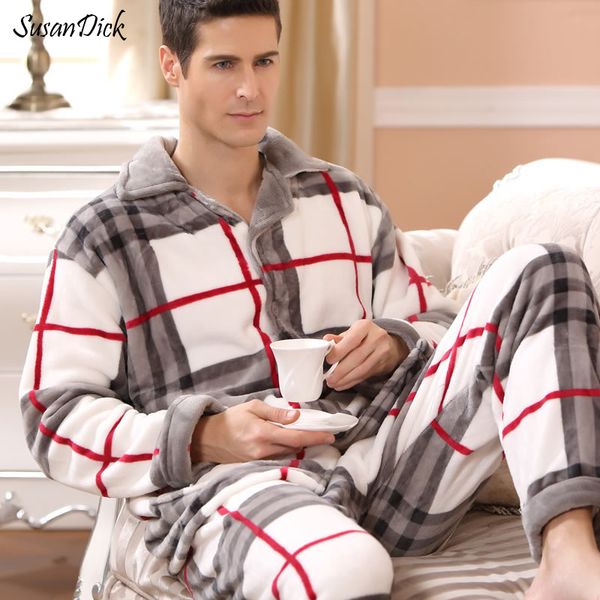 

susandick 2020 new winter pajamas men thick fleece pajama sets luxury warm sleepwear plaid suits man casual home clothes pijama, Black;brown