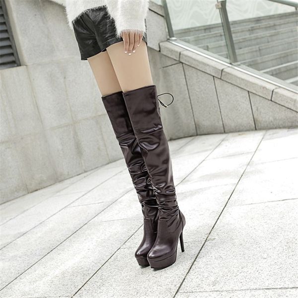 

pxelena design pleated slim on slim thigh high boots women platform stiletto high heels over the knee boots fashion shoes, Black