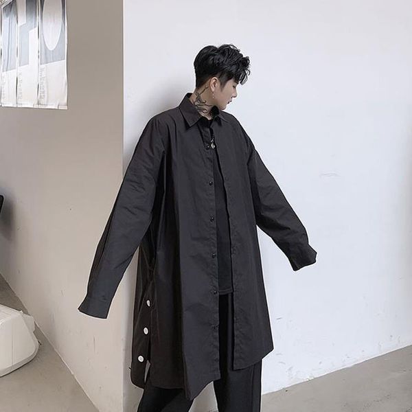 

men oversize long sleeve loose casual button shirt male japan hip hop splice long dress shirt stage clothes, White;black