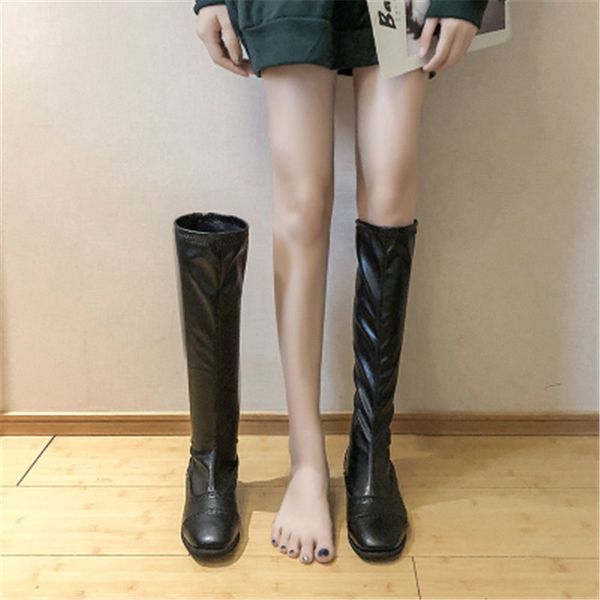 

boots spring autumn woman shoes women square heel slip on pu leather knee high female fashion long black beige eu 35-39