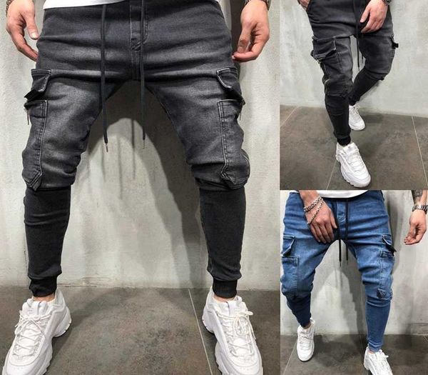 

2020 men's pants zipper pocket fit jogger casual wash jeans men, Blue