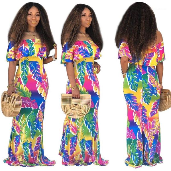 

color leaves printed club slim maxi dresses fashion women party dresses slash neck designer women dresses contrast, White;black