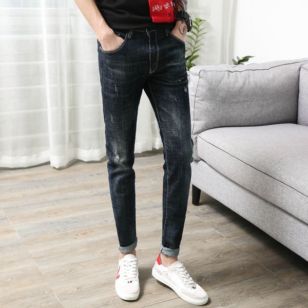 

casual solid mens jeans brand slim fit denim fashion trousers mid waist full-length men clothes 2020 plus size, Blue