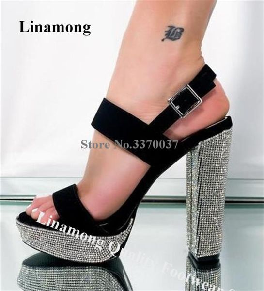 

linamong charming open toe high platform rhinestone chunky heel sandals black suede leather cxrystal ankle buckle sandals heels
