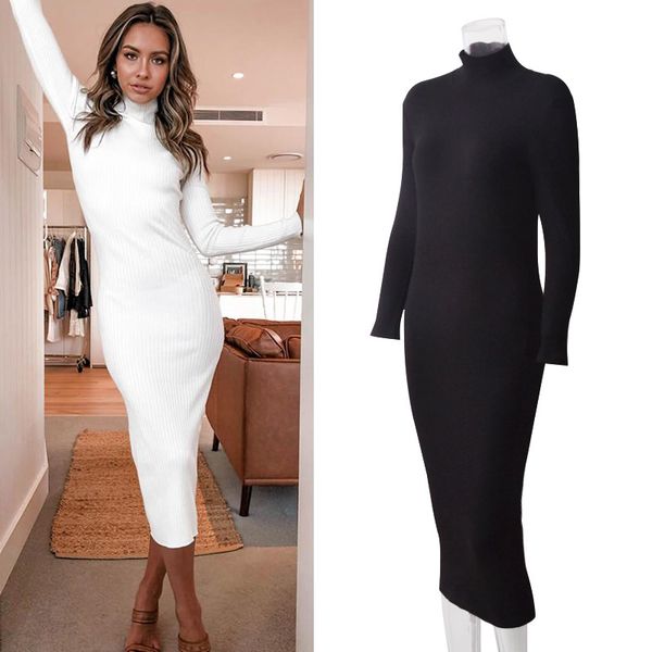 

casual dresses 2021 autumn club full sleeve stand collar mid-calf solid color high neck dress length sheath bodycon fashion women's, Black;gray