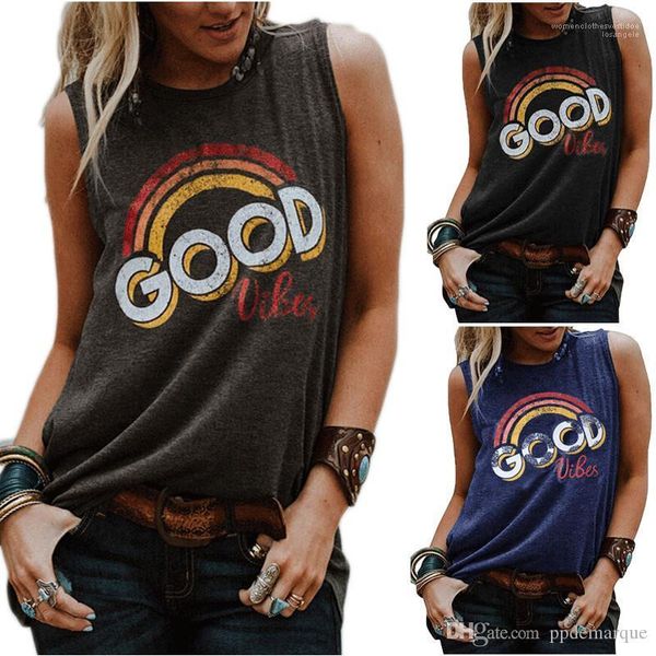 

loose ladies fashion solid color female tanks rainbow designer womens vests good vibes letters printed sleeveless, White