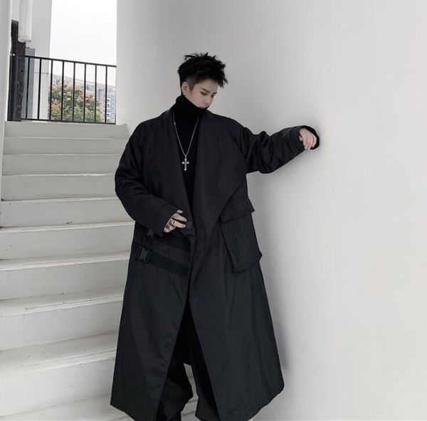 

men's trench coats mens man middle length coat men clothes safety buckle decorative webbing overcoat long sleeve large lapel black, Tan;black