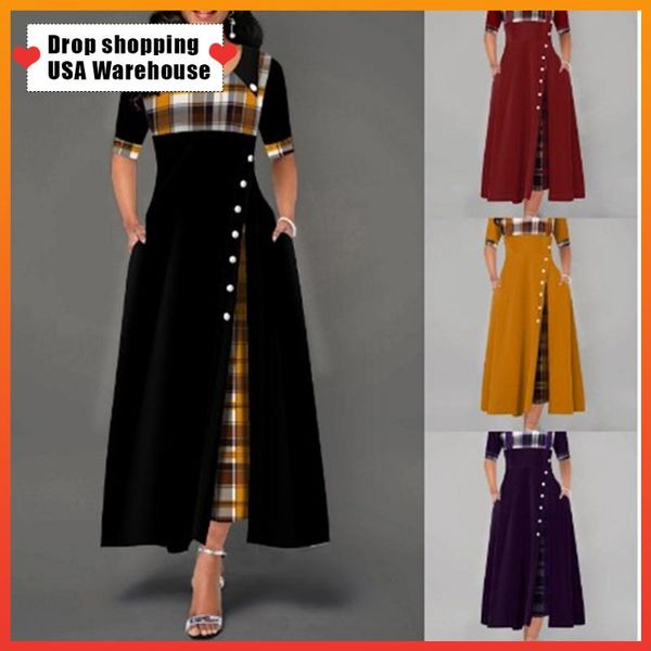 

party dresses female 2021 women maxi dress casual irregular plaid print button half sleeve round neck plus size elegant long, White;black