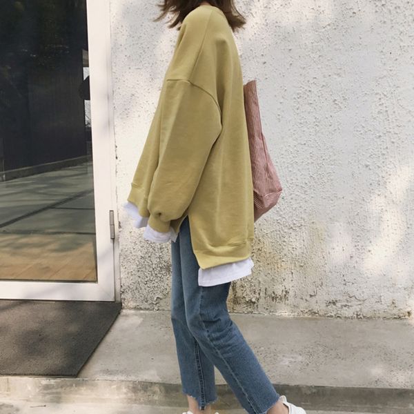

round neck t-shirt original size sweater women's fleece fake student sweater sweatertwo-piece autumn 2019 new korean style student v, Black