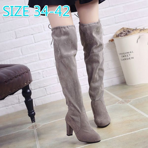 

thick heels high heels women pumps shoes pointed toe suede women botas mujer comfortable warm over the knee boots shoes, Black