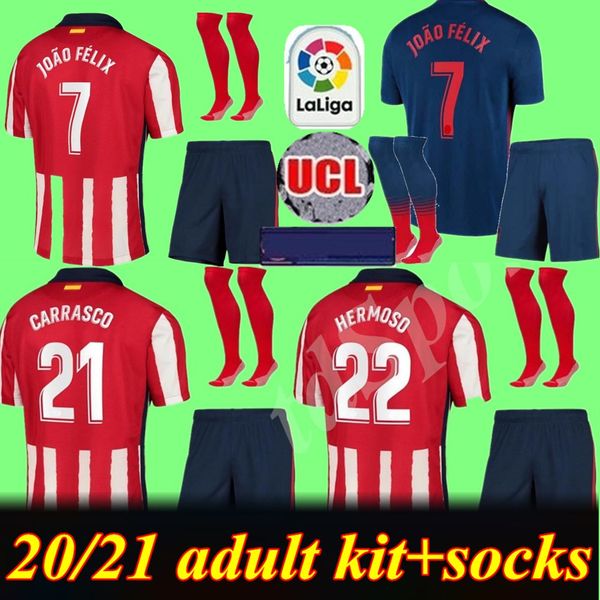 

20 21 joao felix home away soccer jerseys kit 2020 2021 koke saul godin atletico de football madrid shirt men set uniform, Black
