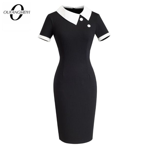 

women elegant dot contrast patchwork work office business sheath dress vintage button turn-down collar pencil dress eb506, Black;gray